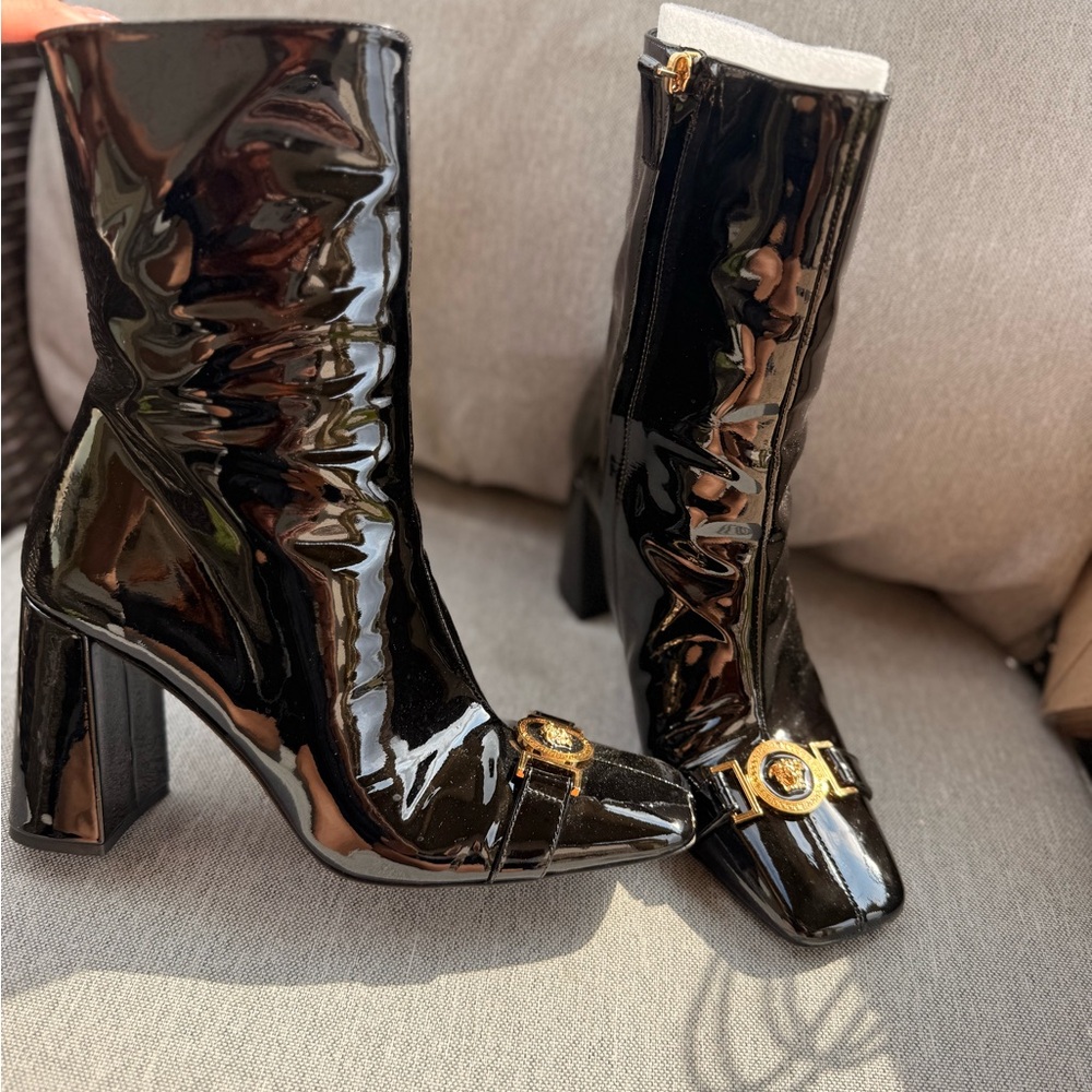 Versace Black Patent Leather Boots with Gold Medusa Buckle - Picture 2 of 3